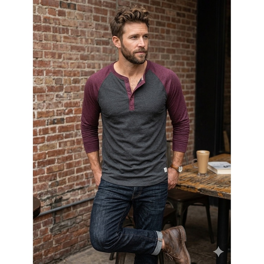 The Normal Brand Mens Long Sleeve Henley Shirt Grey Burgundy Raglan XS